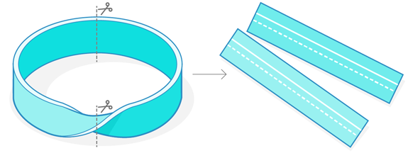 Mobius strip cut into 2 pieces. Both pices have 2 lines that do not intersect