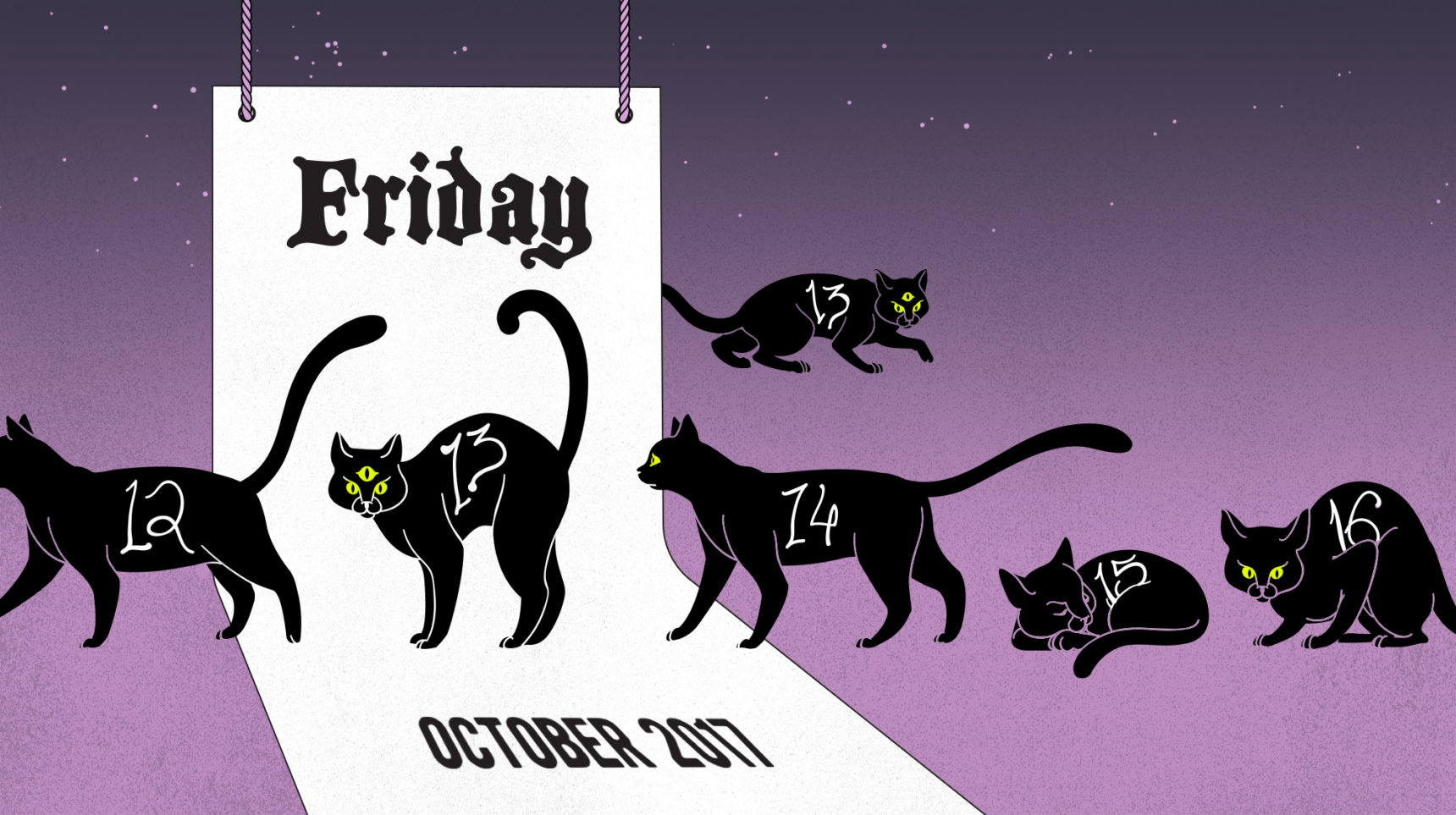 Illustration: black, numbered cats crossing a calendar. An extra "13" lurks in the background.