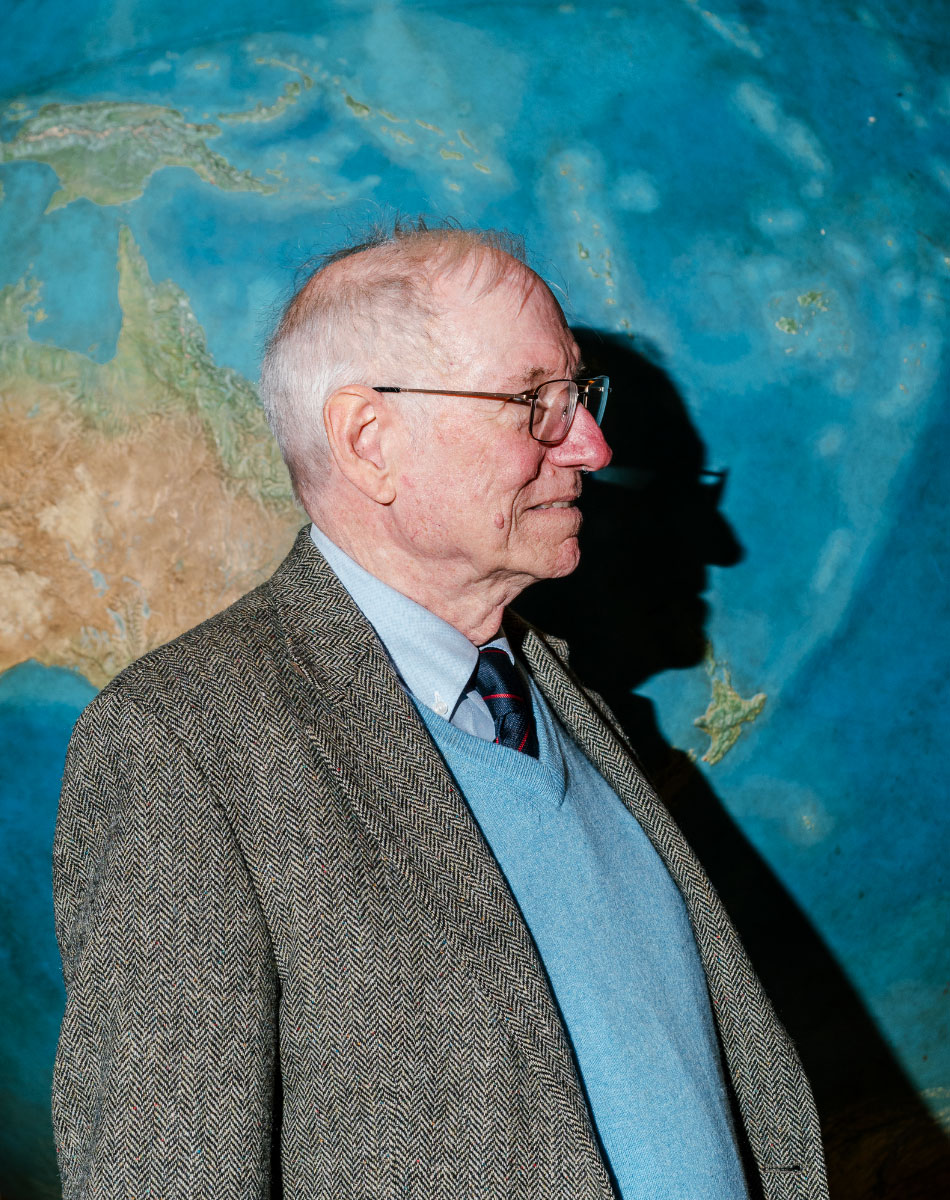 Dr. Jason Morgan, a geophysicist, poses for a portrait in Guyot Hall, home of the geosciences department at Princeton University. He has since retired and moved to Boston, where he is a visiting scholar at Harvard.