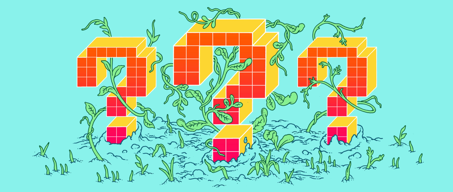 Digital question marks surrounded by vines