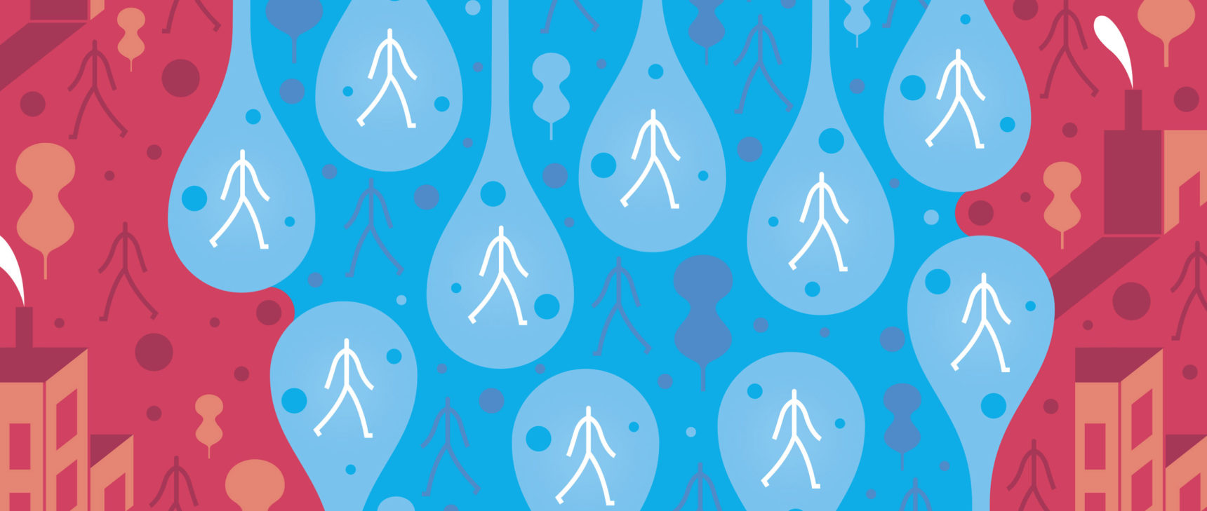 White stick figures incased in blue teardrops surround other stick figures on a blue background. They are surrounded by stick figures on a red background.