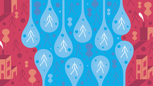 White stick figures incased in blue teardrops surround other stick figures on a blue background. They are surrounded by stick figures on a red background.