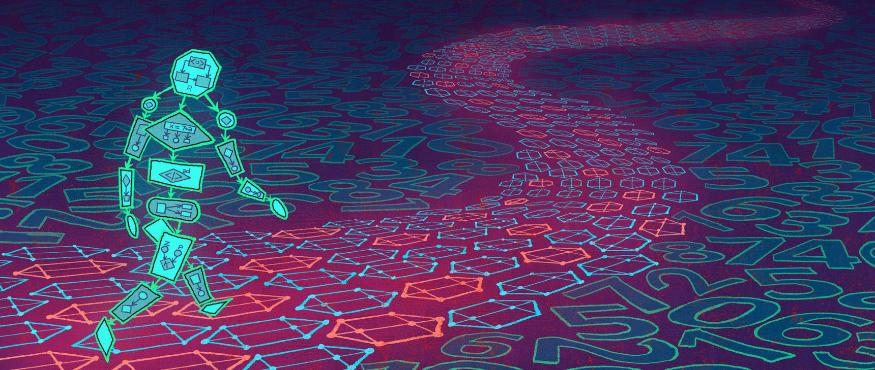 A blue person made of code walks down a pink road patterned with hexagons