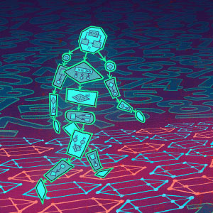 A blue person made of code walks down a pink road patterned with hexagons