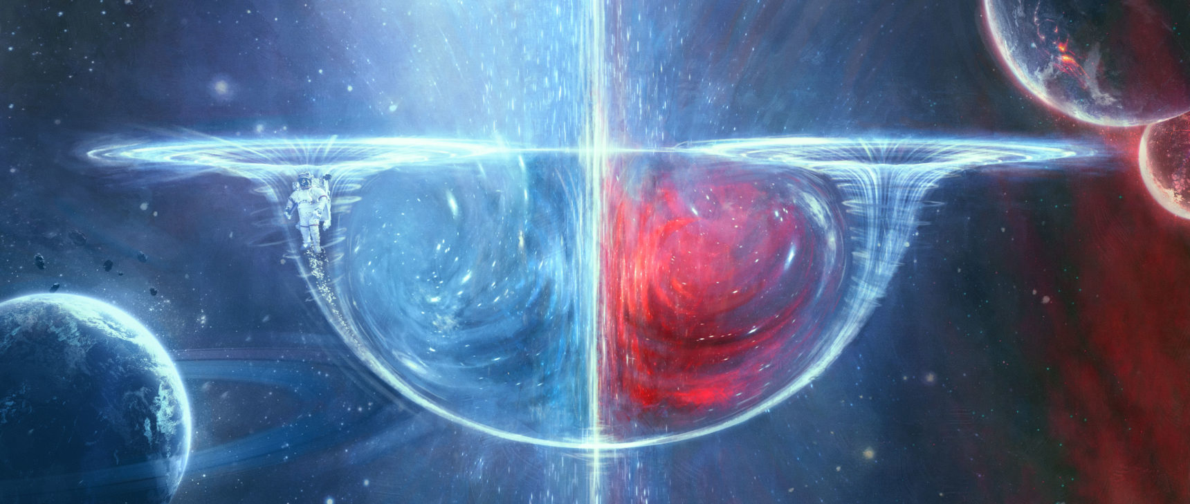 A wormhole split in two with swirls of blue on one side and swirls of pink on the other with a ringed planet in the background.