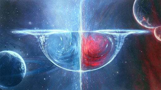 A wormhole split in two with swirls of blue on one side and swirls of pink on the other with a ringed planet in the background.