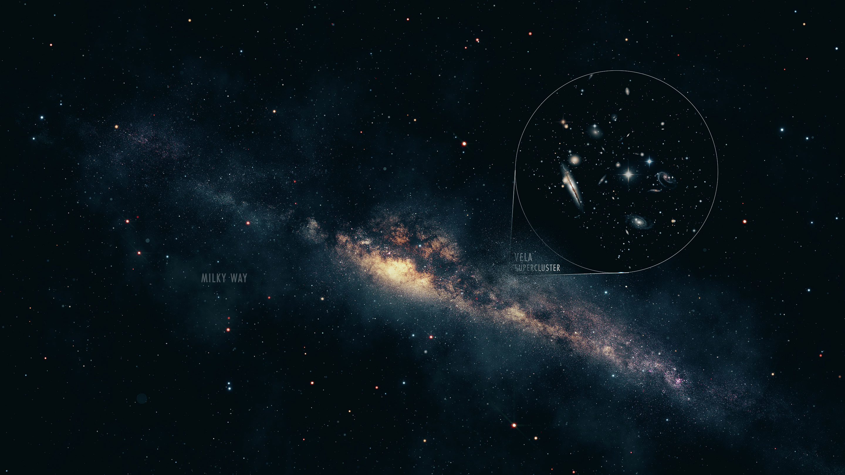 An artist’s conception of the Vela Supercluster peeking out from behind the Milky Way’s Zone of Avoidance.