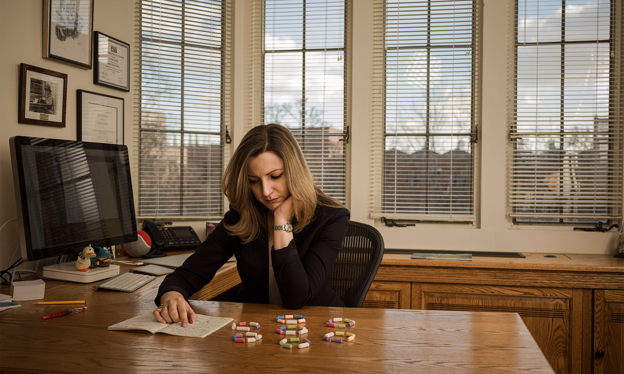 Photo of Corina Tarnita at her desk with rings