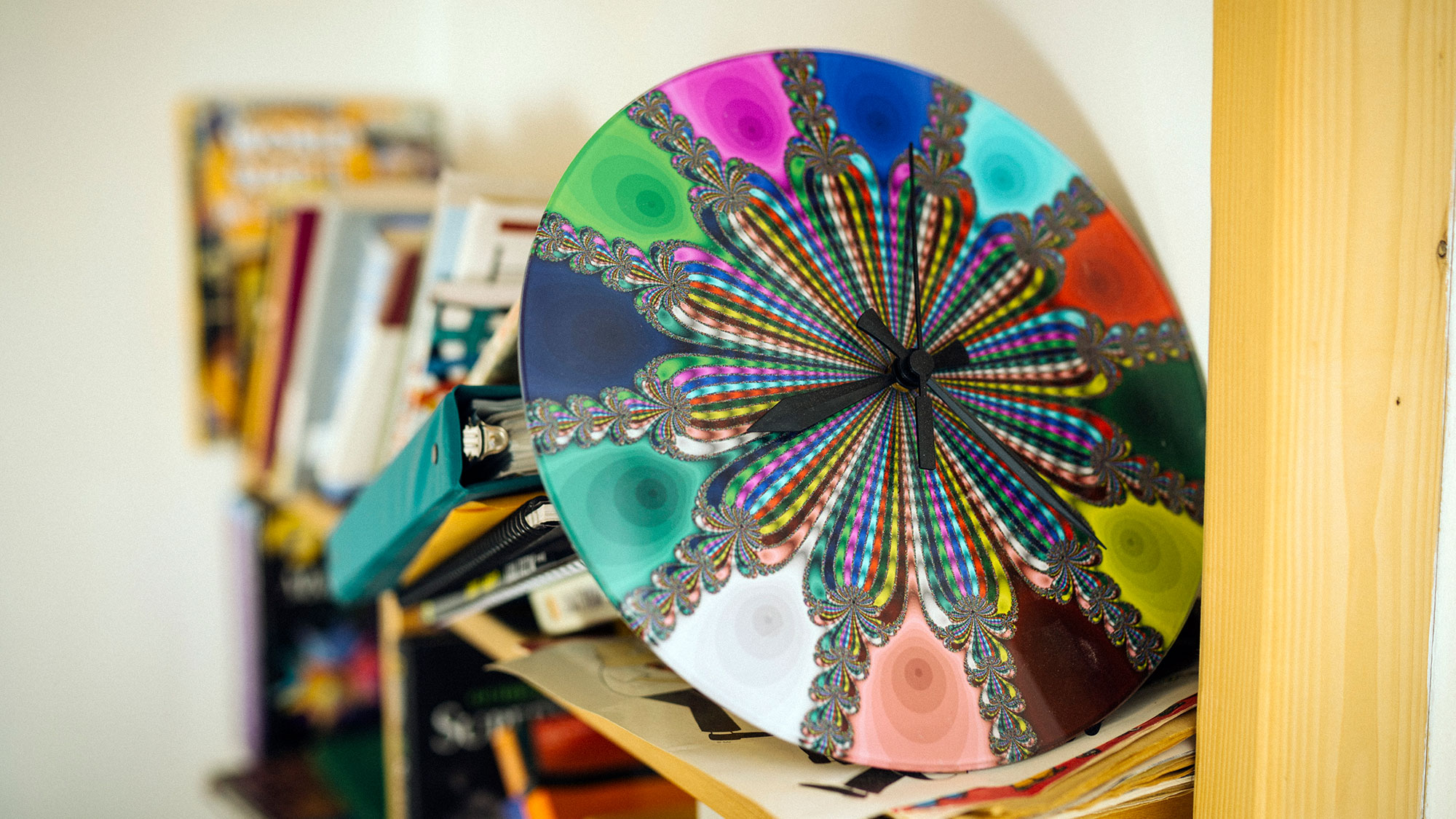 A photograph of a fractal clock in Richard Schwartz's home.