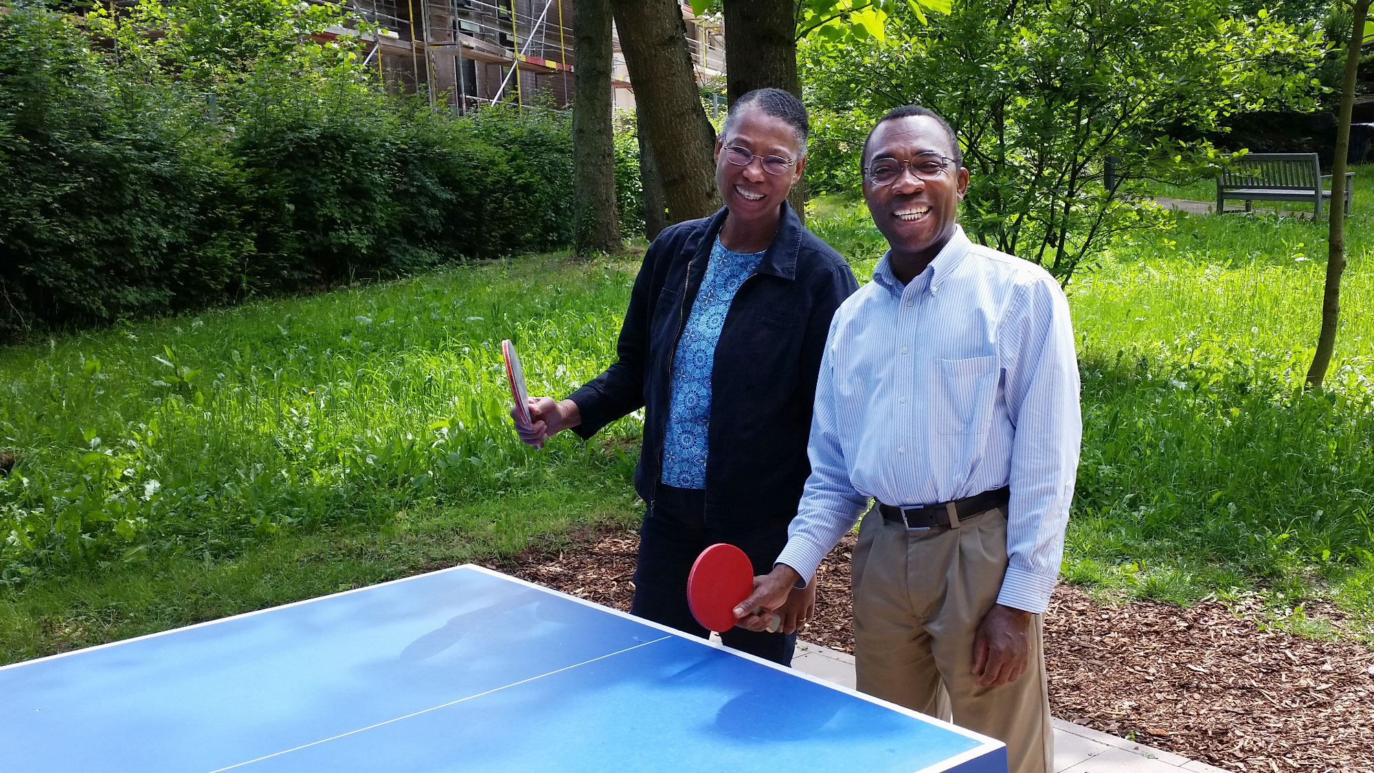 Donald and Mercedes playing table tennis.