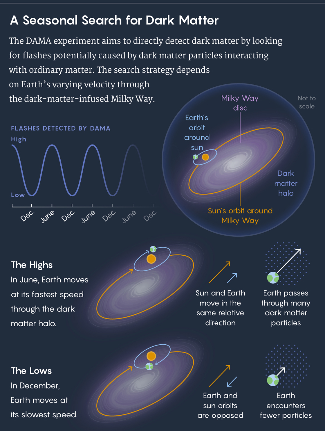 A graphic illustration depicting the seasonal search for dark matter.