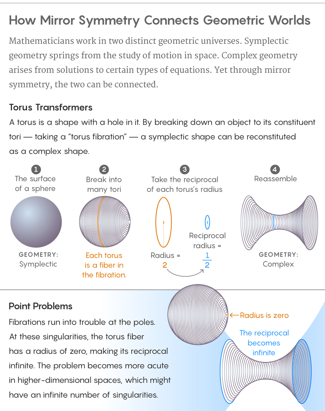 Graphic illustration depicting how mirror symmetry connects geometric worlds.