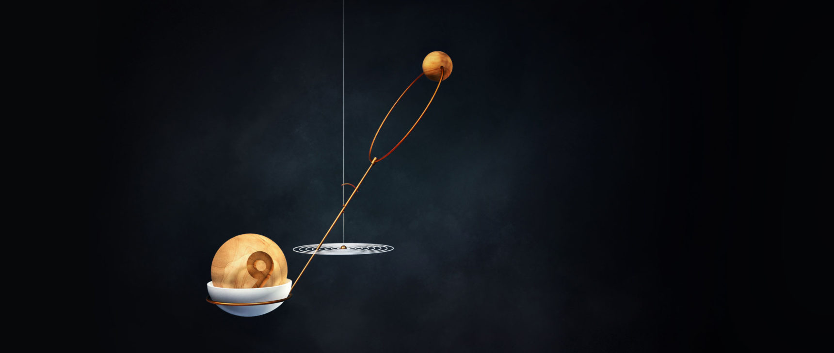 Illustration of a hanging mobile with "Planet 9" weighing down 2015 BP519's orbit, thus tilting it.