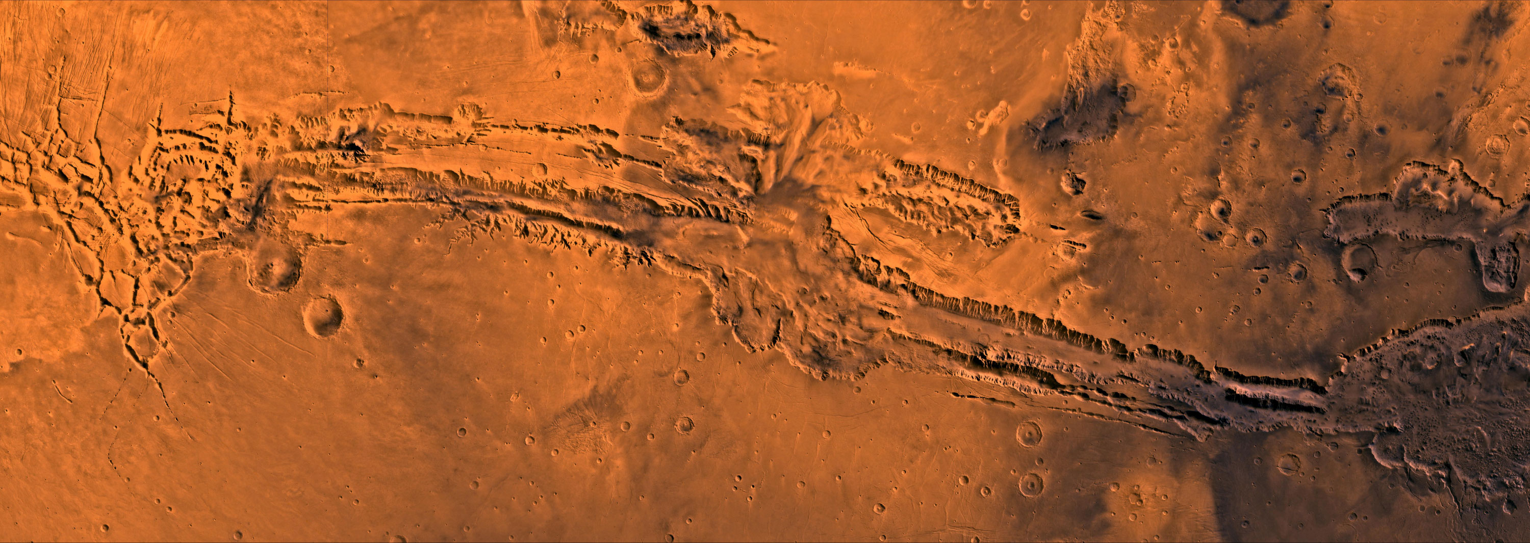 Aerial photo of a canyon on Mars.