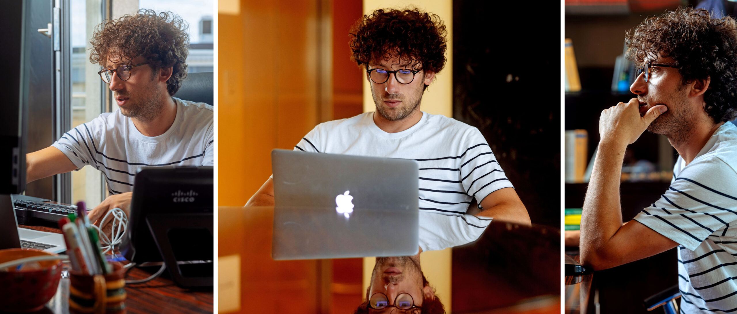 three photos of a light-skinned man with dark curly hair and dark round glasses working at a computer