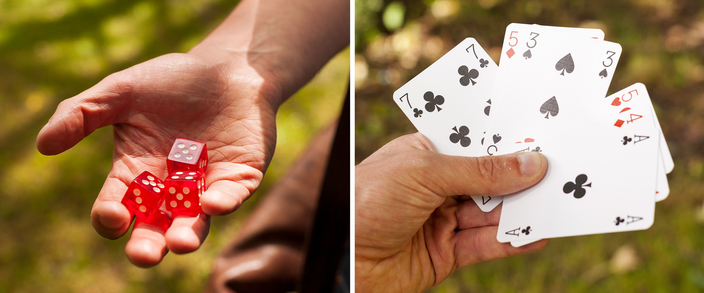 a diptych of pictures, one of a hand holding a pair of red translucent dice, and the other of a hold handing face cards.