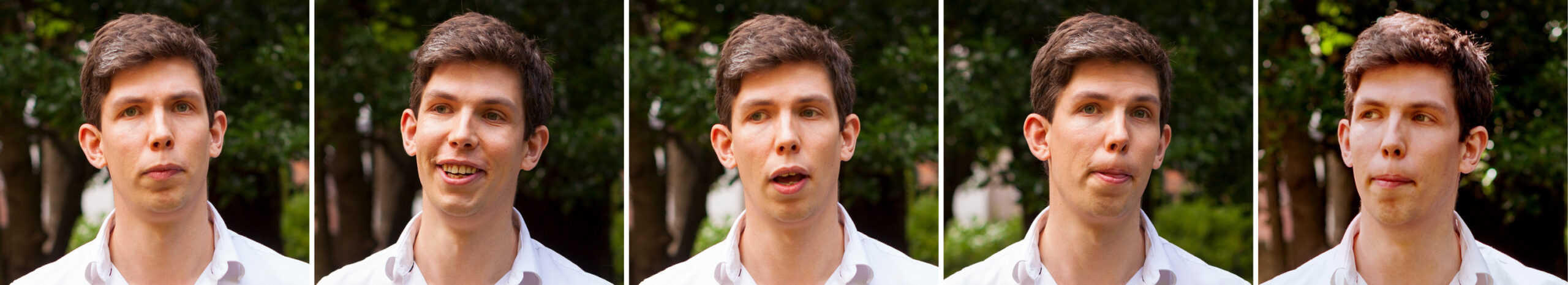 five side by side pictures showing the face of the same young white man with brown hair wearing a white collared shirt