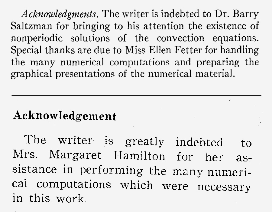 Acknowledgements of Ellen Fetter and Margaret Hamilton in Edward Lorenz' 1963 and 1962 papers