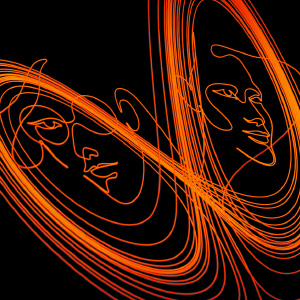 Animated line drawing of Margaret Hamilton, Ellen Fetter, and a Lorenz attractor