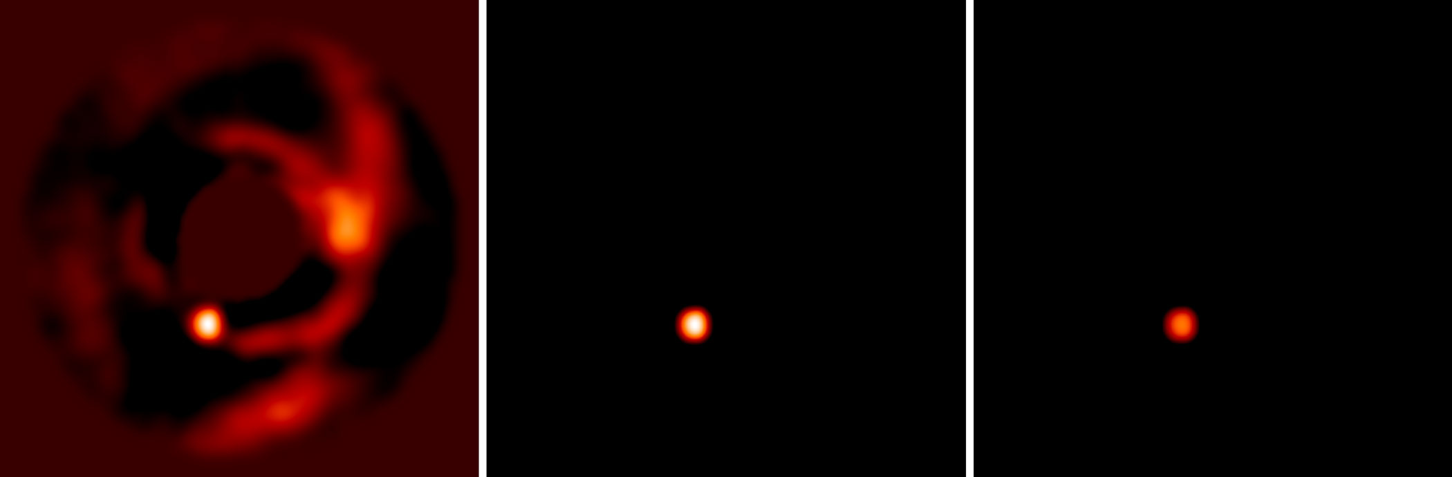 IMAGE TRIPTYCH: a figure that explains very simply how ESO inferred the presence of the circumplanetary disc (not resolved from the planet signal in the first image). Possible caption:  Infrared image (at 2.4 µm wavelength) of the newborn planet PDS 70 b (left), and predictions for a planet + circumplanetary disc (middle) and a planet alone (right).