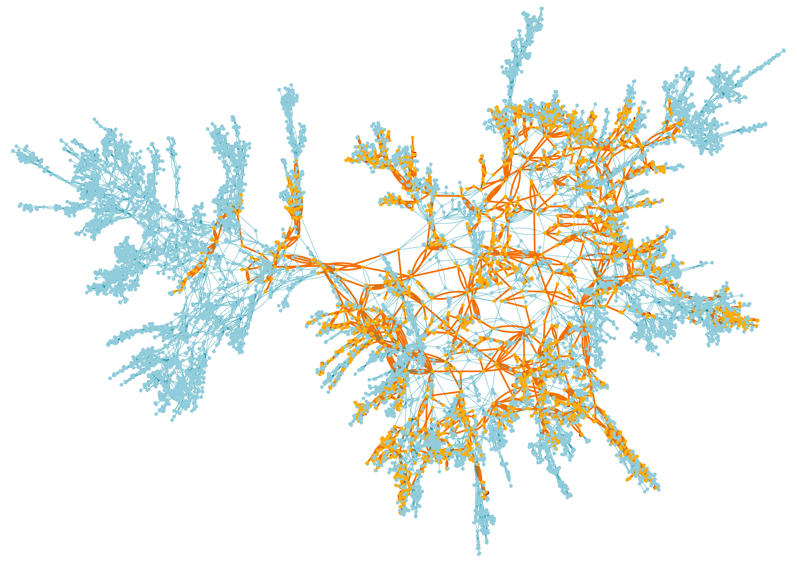 A map of the vertices in a random surface with the largest cluster highlighted in orange.