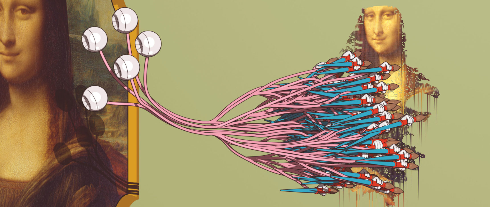 An illustration of eyeballs connected to many hands painting the Mona Lisa.