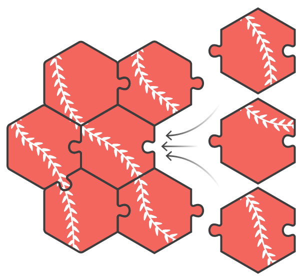 An illustration of three possible puzzle pieces fitting into an open spot.