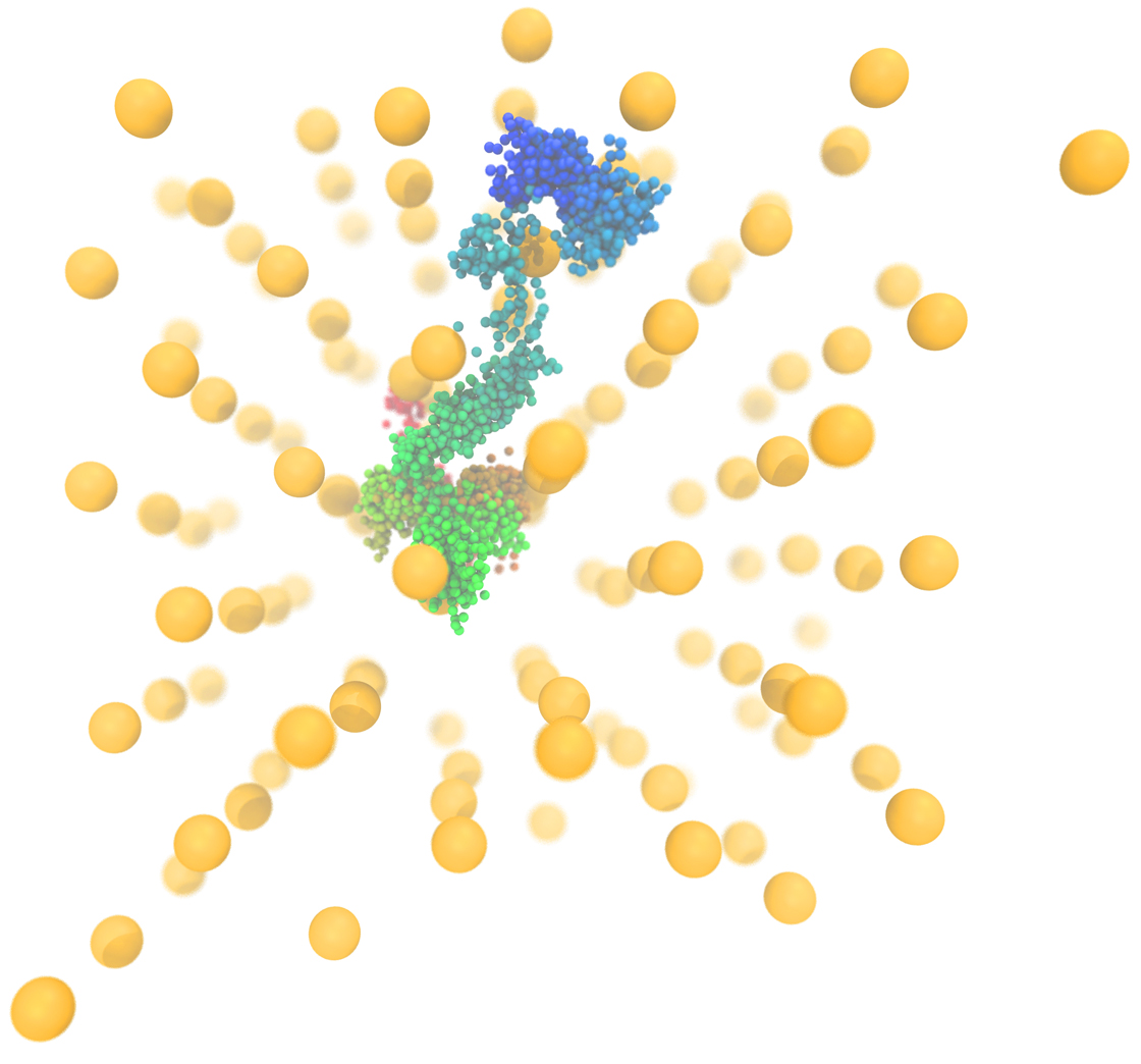 Red, green and blue dots snake through an array of larger yellow spheres in a crystal lattice pattern.