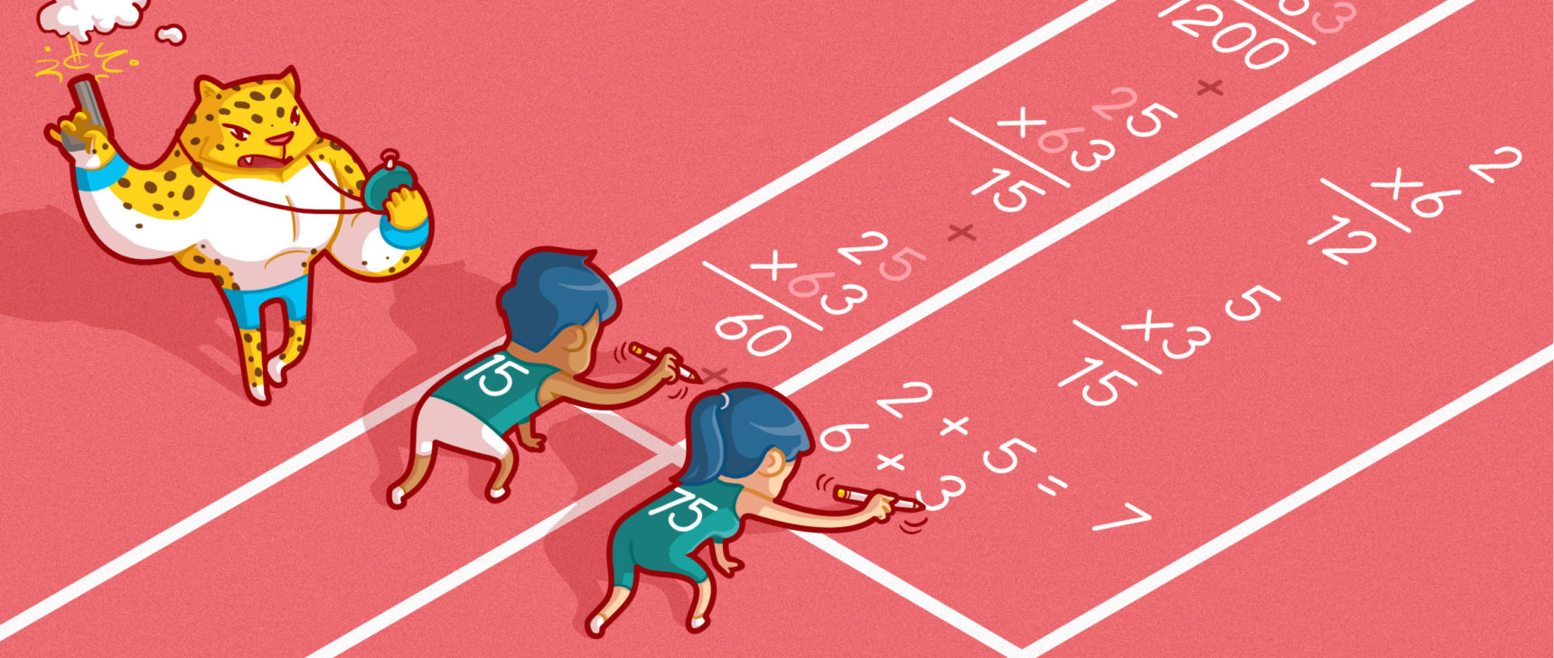 Two competitors are racing to solve the multiplication problem 25 times 63 in two separate lanes of a running track. One competitor is using the standard multiplication algorithm while the other is using Karatsuba method.