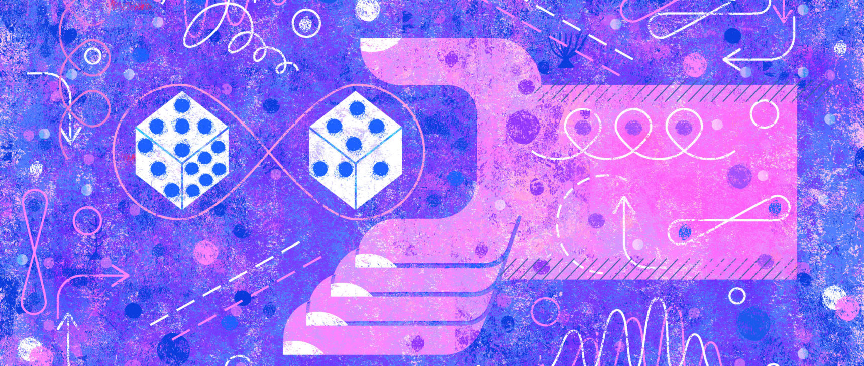 An illustration of a pink hand reaching for quantum dice.