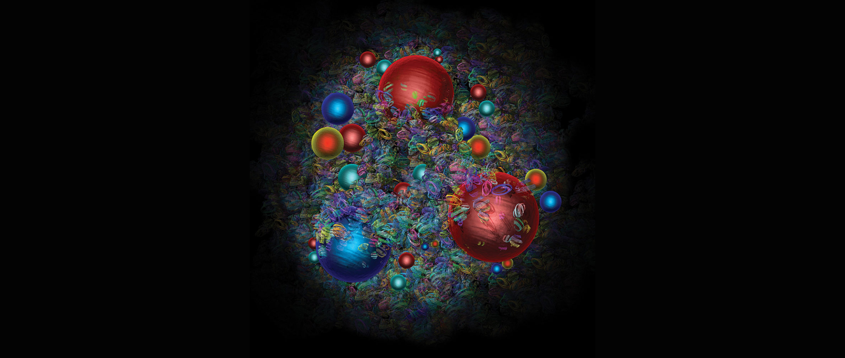 An illustration of a chaotic scene of spheres representing quarks and gluons.