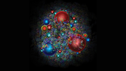 An illustration of a chaotic scene of spheres representing quarks and gluons.