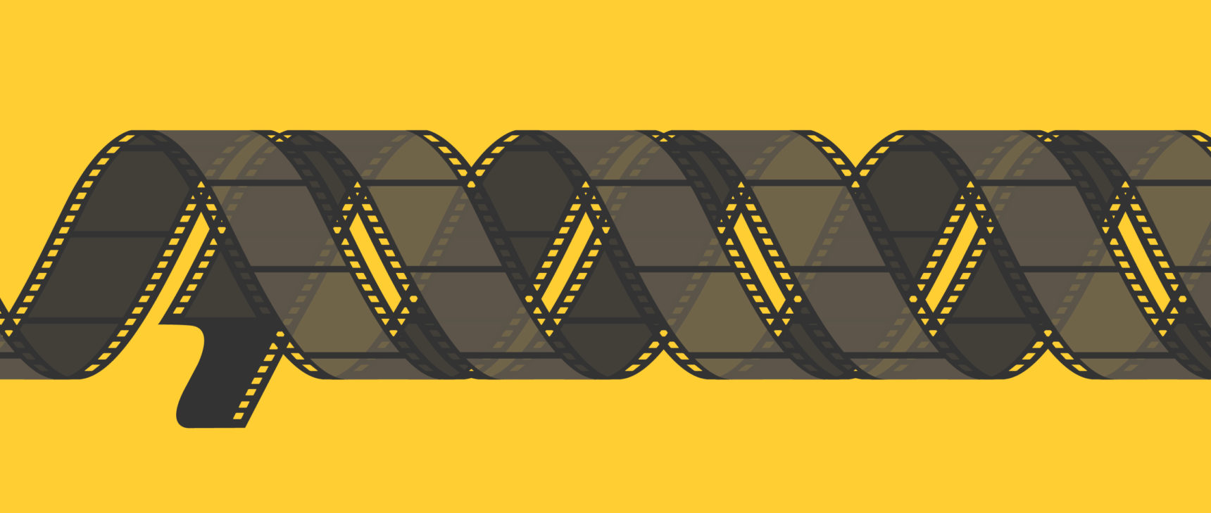 Illustration of two strips of movie film coiled around each other in a double helix.