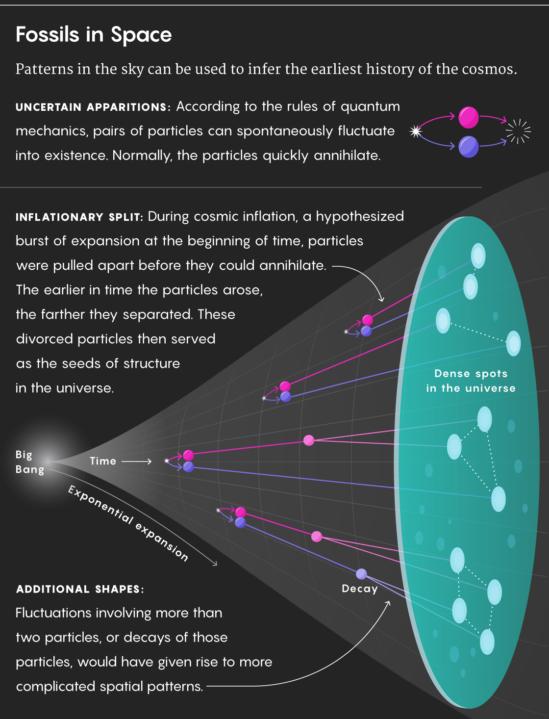 Infographic titled “Fossils in Space”. Patterns in the sky can be used to infer the earliest history of the cosmos. UNCERTAIN APPARITIONS: According to the rules of quantum mechanics, pairs of particles can spontaneously fluctuate into existence. Normally, the particles quickly annihilate. INFLATIONARY SPLIT: During cosmic inflation, a hypothesized burst of expansion at the beginning of time, particles were pulled apart before they could annihilate. The earlier in time the particles arose, the farther they separated. These divorced particles then served as the seeds of structure in the universe. ADDITIONAL SHAPES: Fluctuations involving more than two particles, or decays of those particles, would have given rise to more complicated spatial patterns.