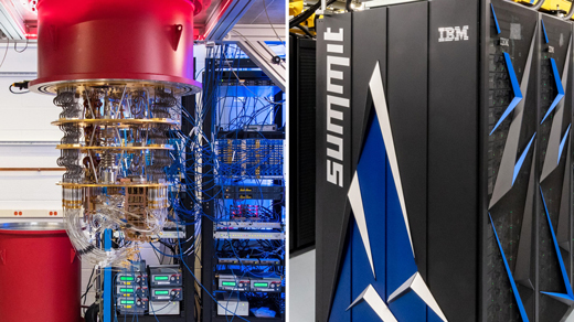 Photos of Google’s quantum computer system on the left, IMB’s supercomputer Summit on the right.