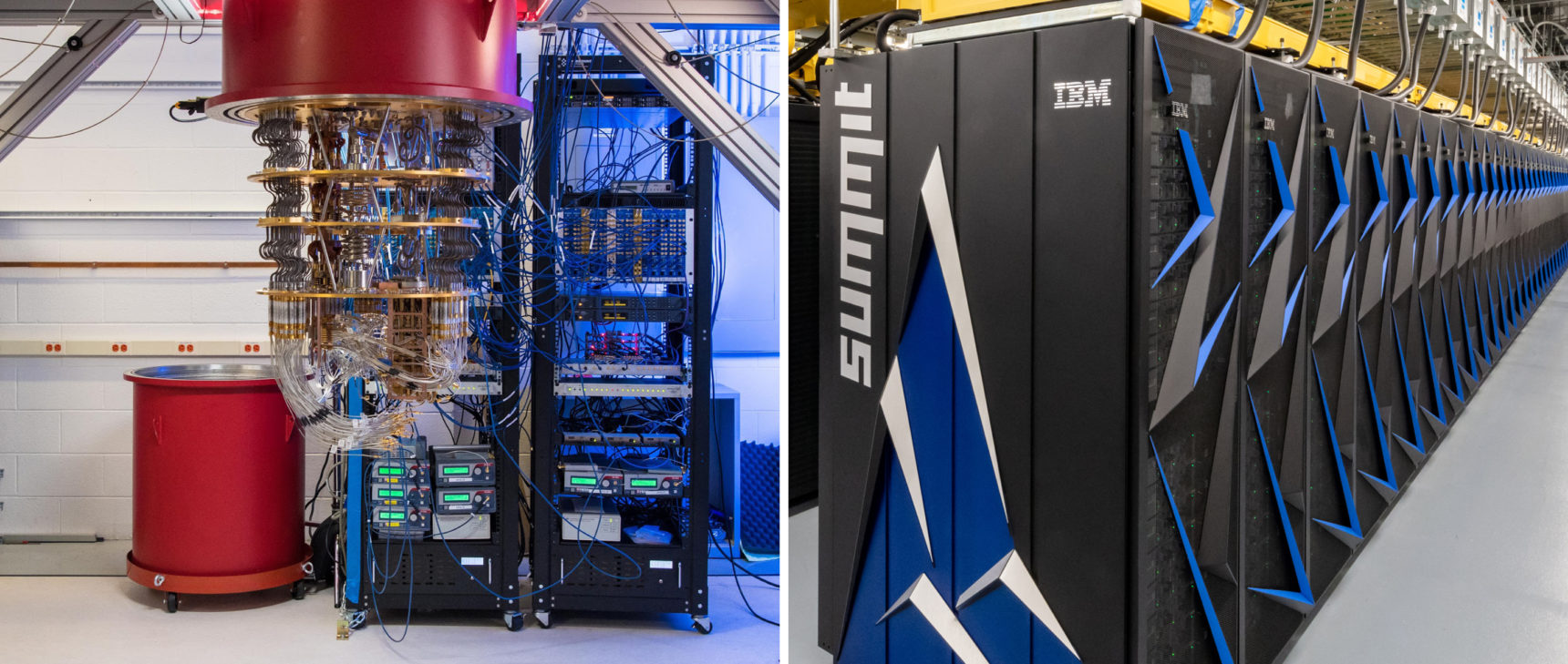 Photos of Google’s quantum computer system on the left, IMB’s supercomputer Summit on the right.