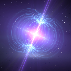 Illustration of a magnetar with blue magnetic field lines.