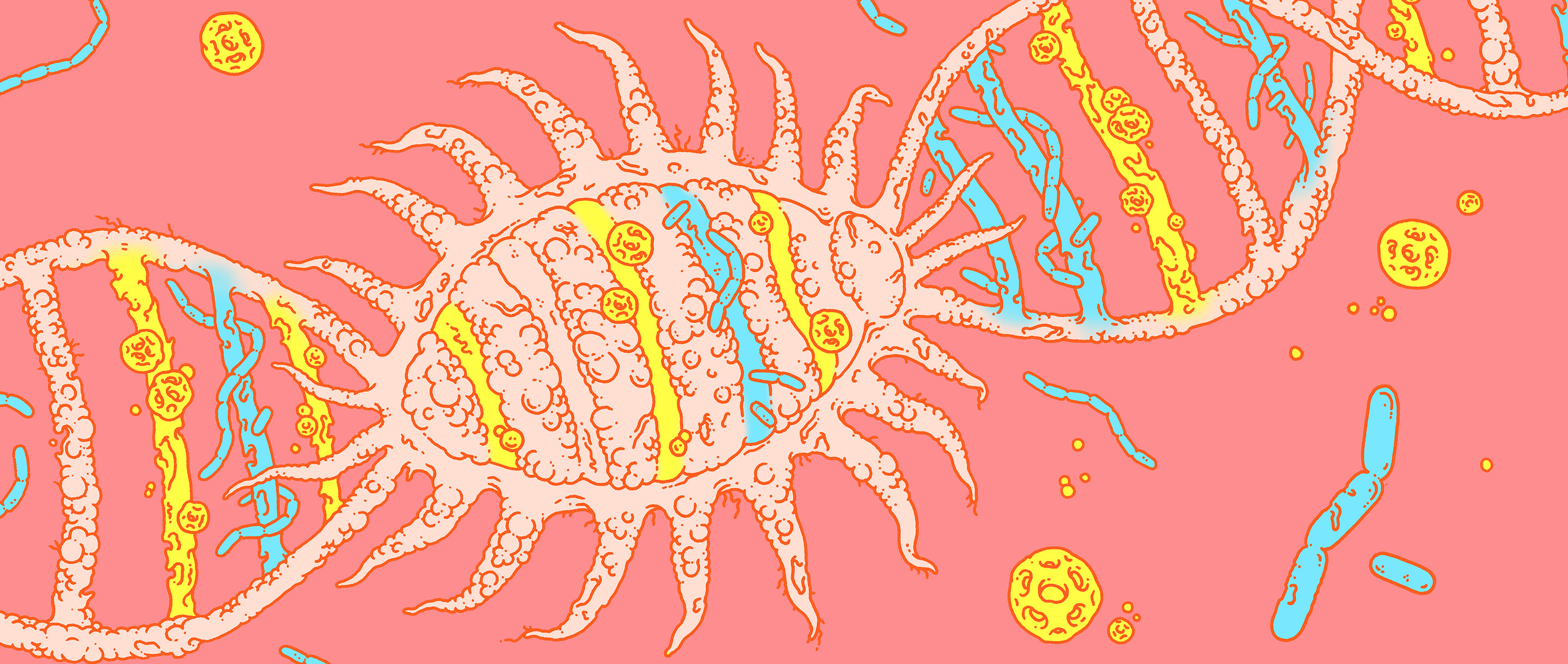 Illustration of DNA that combines elements of mealybug and bacterial imagery.