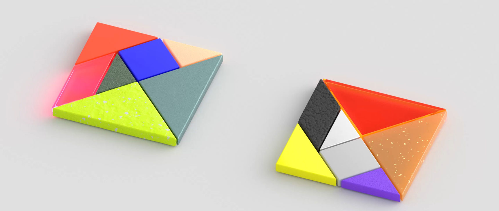 Animation showing two sets of tangrams cycling between identical squares and different shapes.