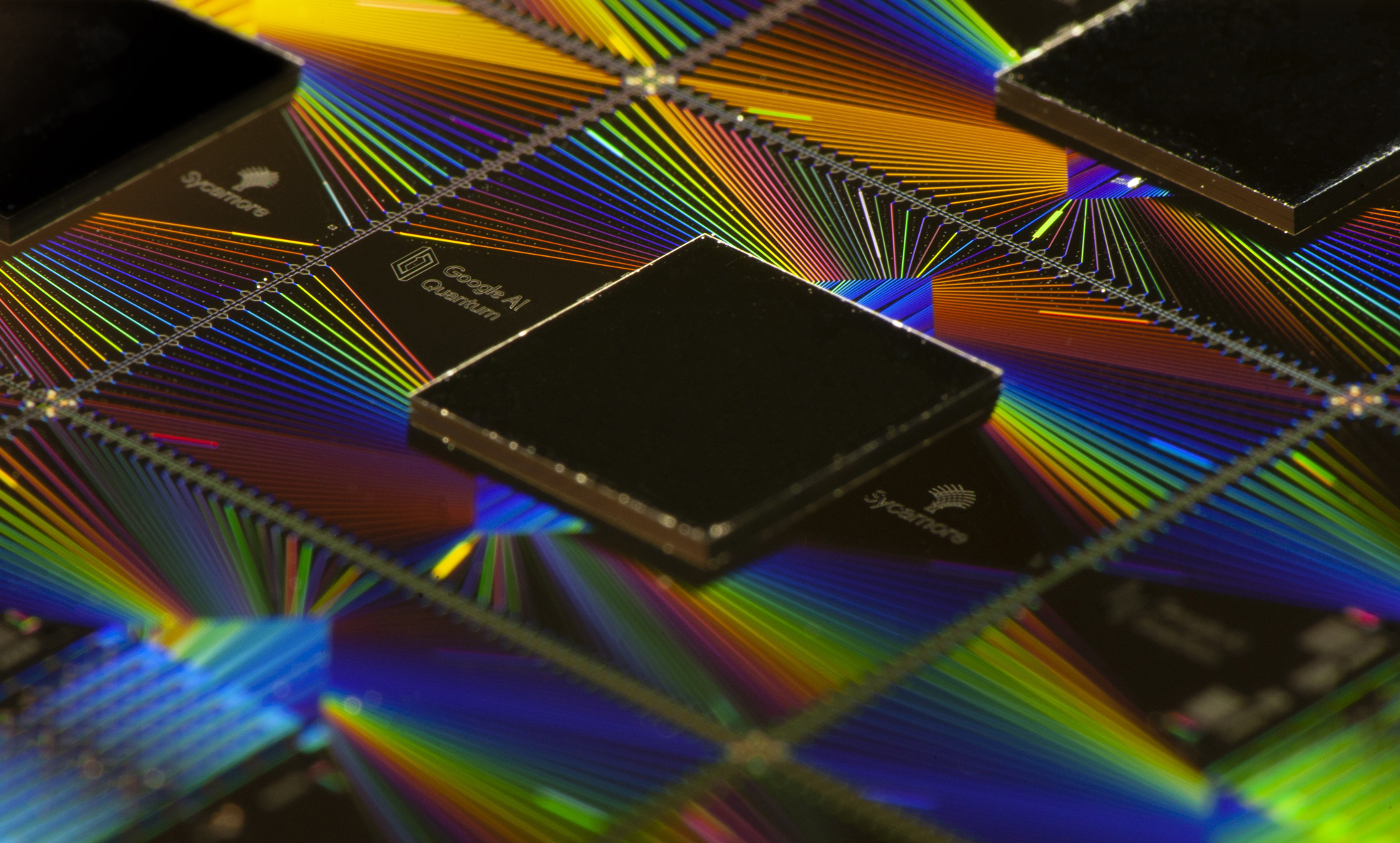 Close photo of Google’s Sycamore quantum computer processor.