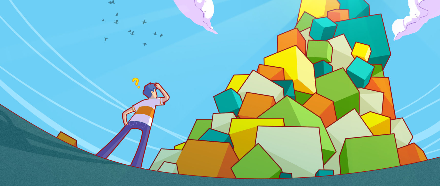 An illustration of a mathematician staring up at an infinite pile of cubes of varying sizes and colors.