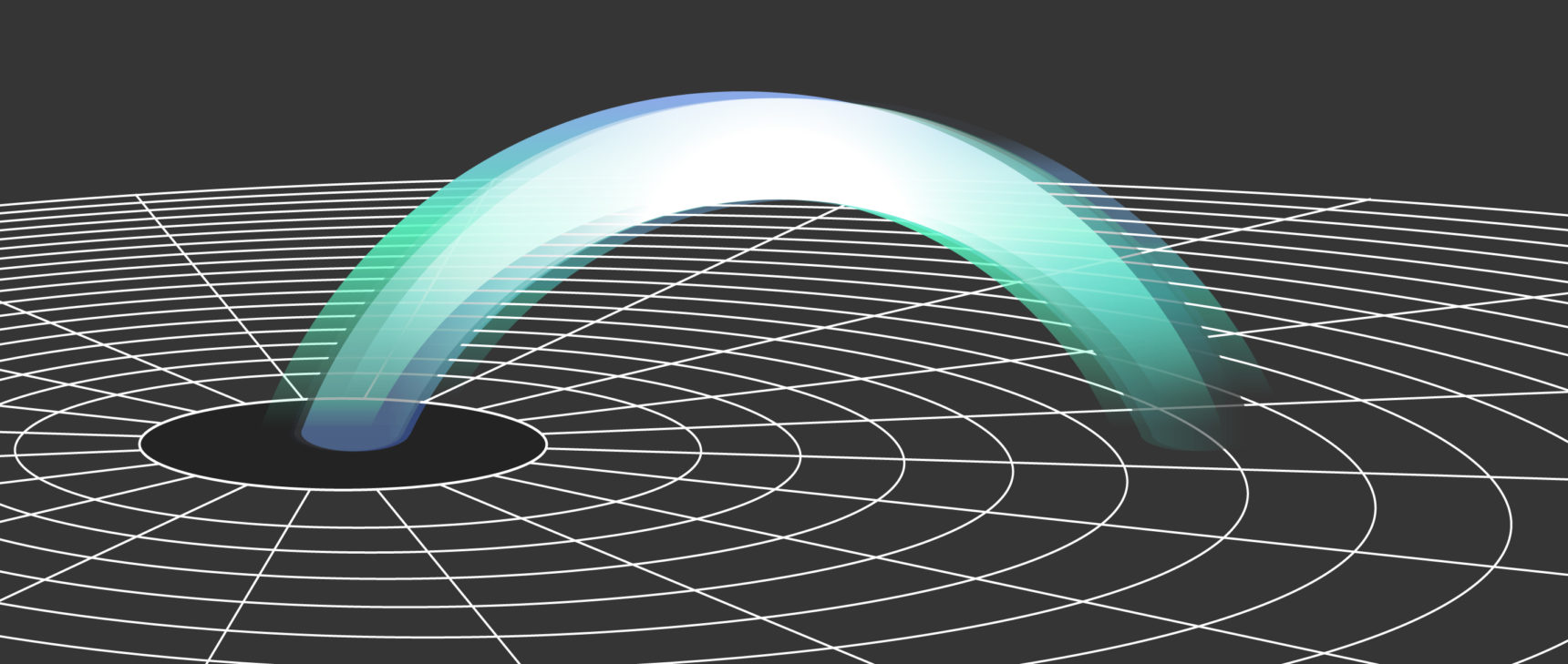 Illustration of a circle representing a black hole on a flat black plane with a multicolored bridge rising out of the plane and spanning from the inside to the outside of the circle.