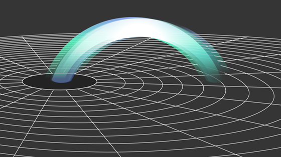 Illustration of a circle representing a black hole on a flat black plane with a multicolored bridge rising out of the plane and spanning from the inside to the outside of the circle.