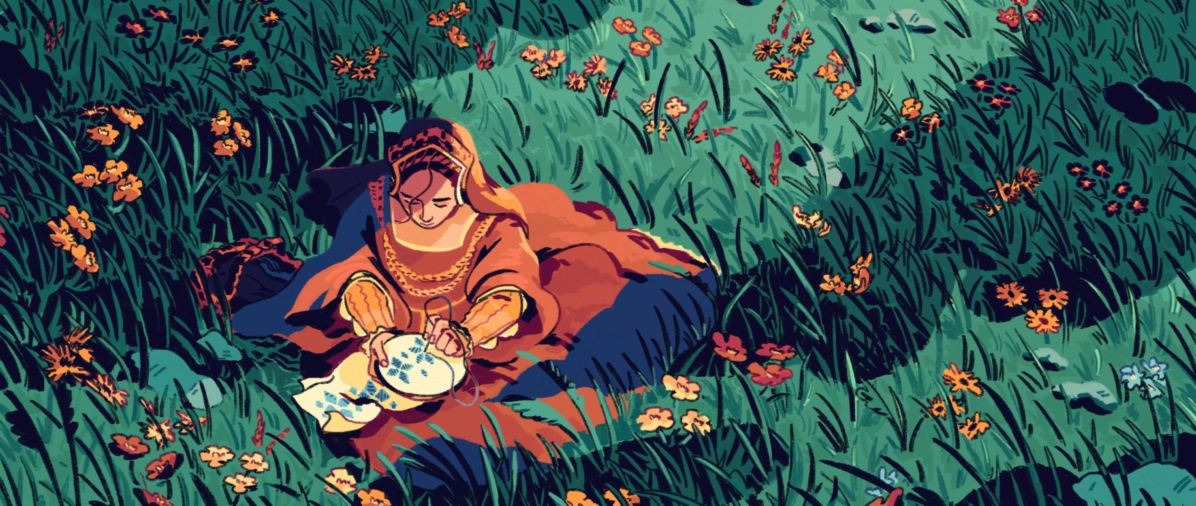 An illustration of a woman sitting in a field embroidering a flower pattern. Around her grow wildflowers that appear to be randomly distributed but whose colors reveal a hidden pattern.