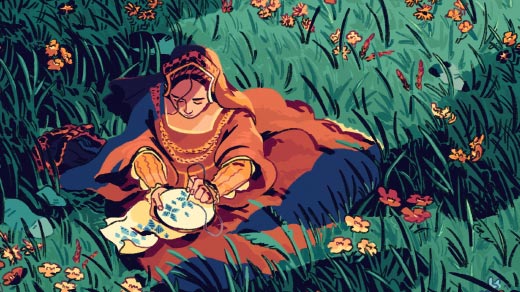 An illustration of a woman sitting in a field embroidering a flower pattern. Around her grow wildflowers that appear to be randomly distributed but whose colors reveal a hidden pattern.