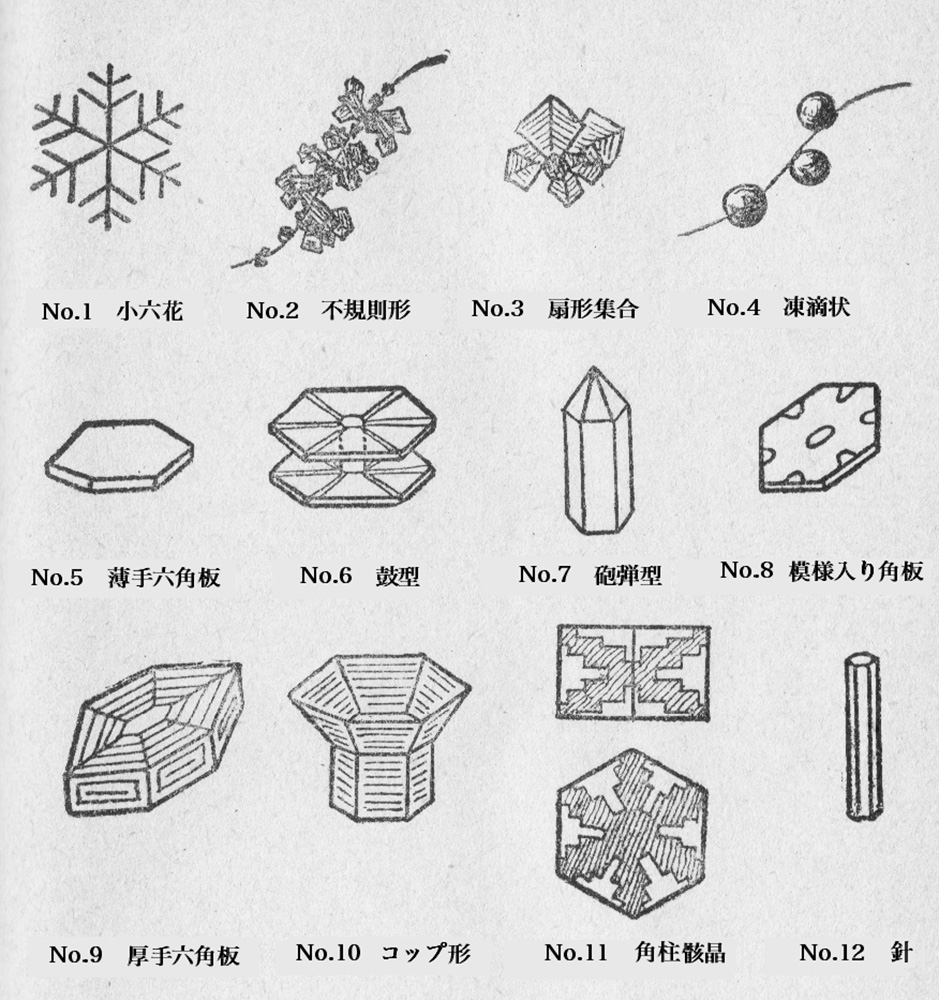 Pencil drawings of snowflakes of different shapes labeled with Japanese characters.