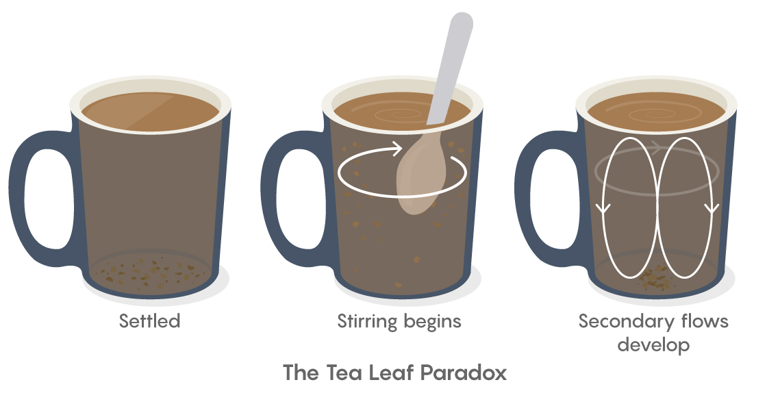 Illustration showing the “Tea Leaf Paradox,” how stirring tea creates a secondary flow that all leaves tea leaves in one place