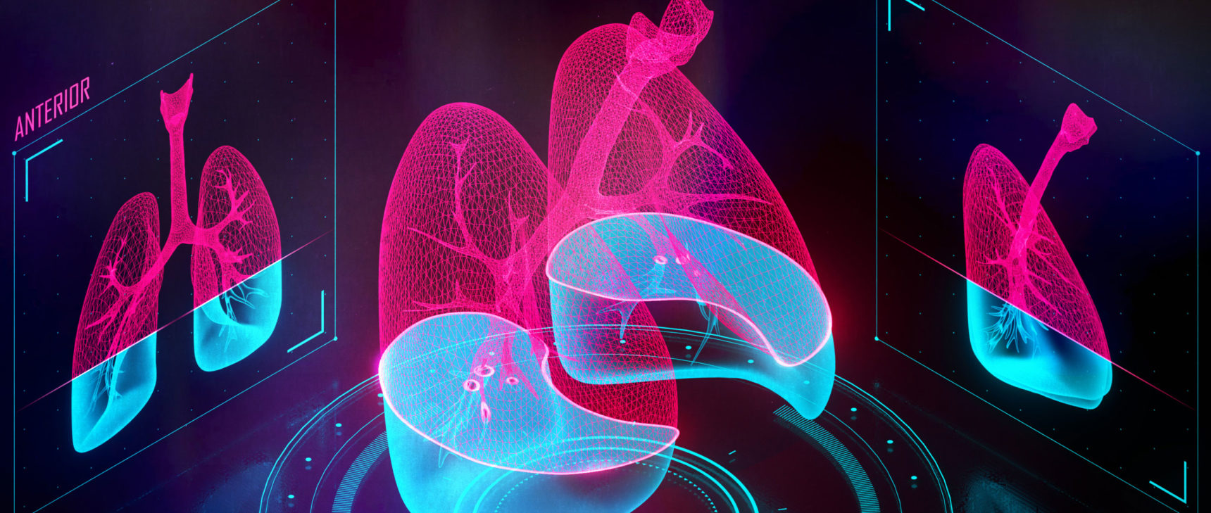 Illustration of a pair of lungs being scanned in three dimensions, with a status bar that reads “Scanning lung tissue: 60%.”