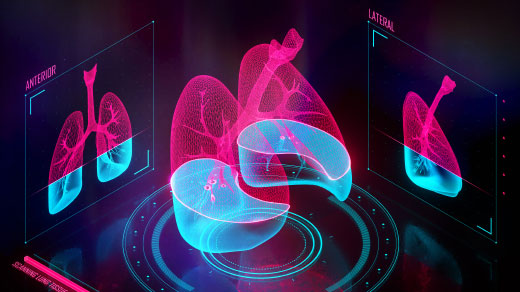 Illustration of a pair of lungs being scanned in three dimensions, with a status bar that reads “Scanning lung tissue: 60%.”