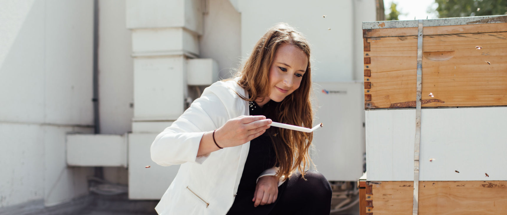 Photo of Scarlett Howard, a researcher at the University of Toulouse, working with honeybees